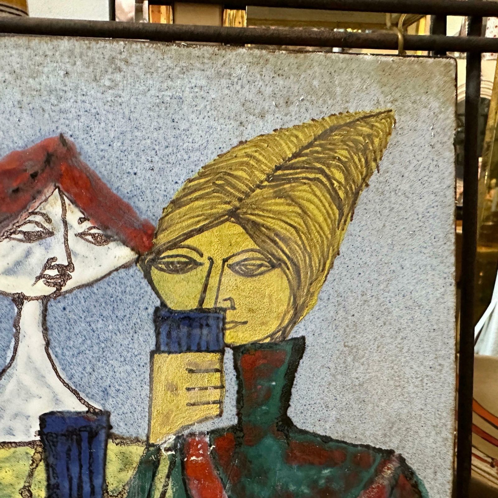 1950s Mid Century Modern Iron Framed Hand Painted Ceramic Italian Plaque photo for sale