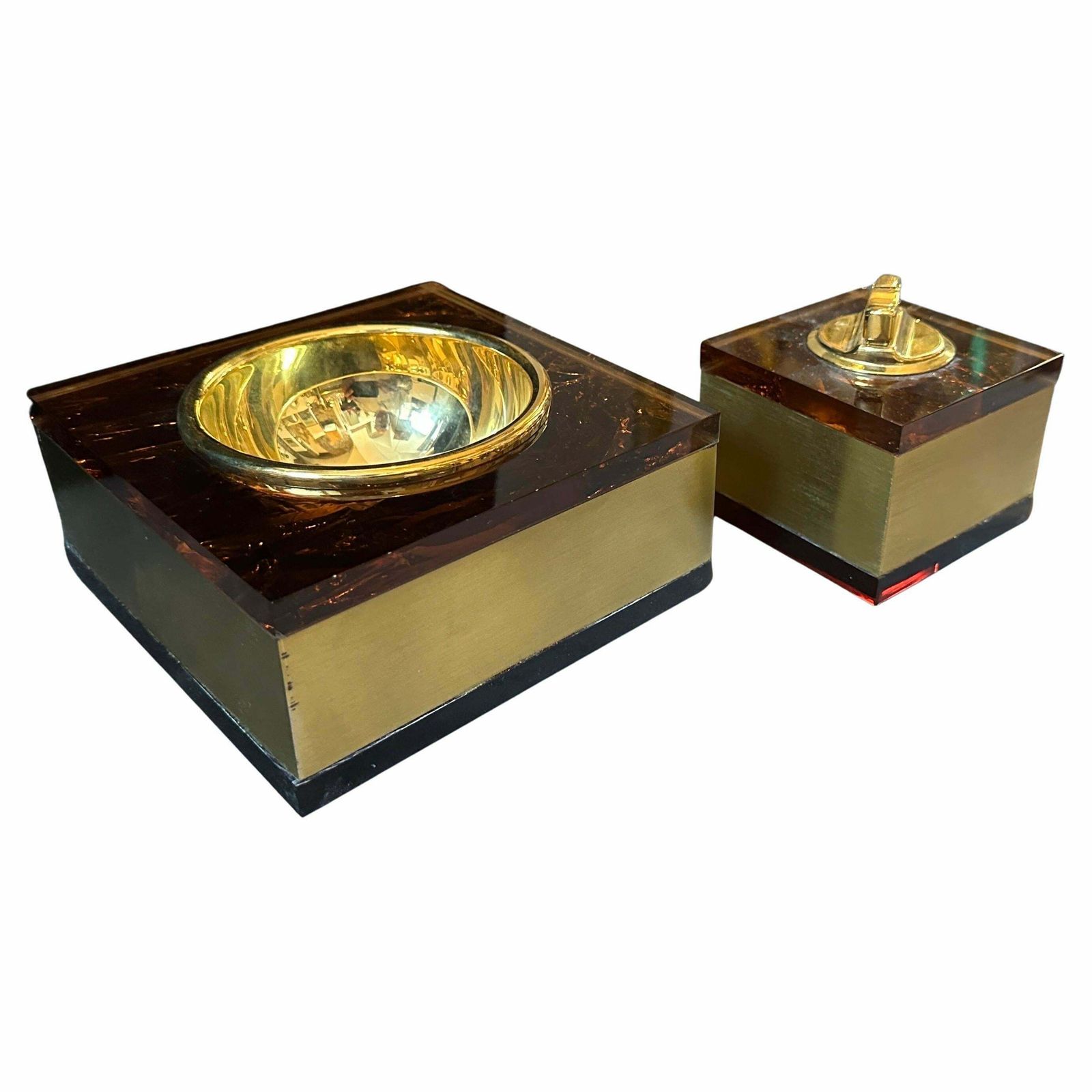 1970s Mid Century Modern Brass And Fake Tortoiseshell Lucite Italian Smoking Set photo furniture