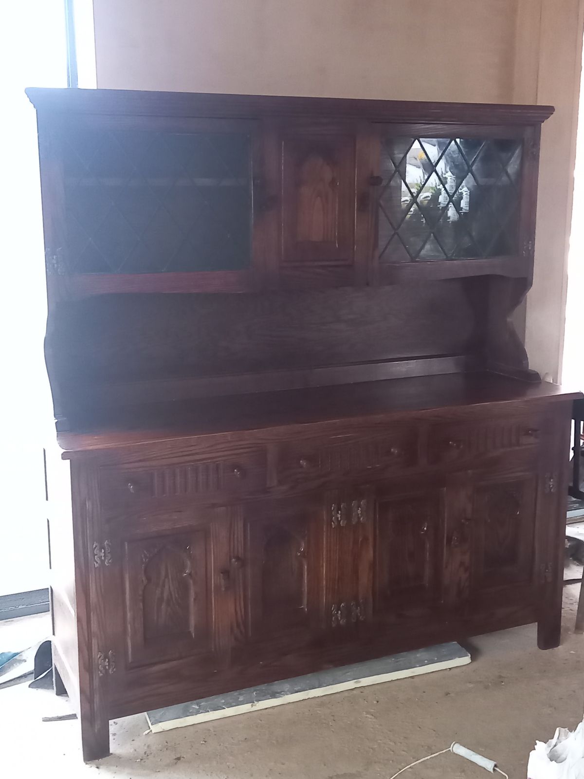 Vintage Oak Welsh Dresser With Carvings And Glass Display