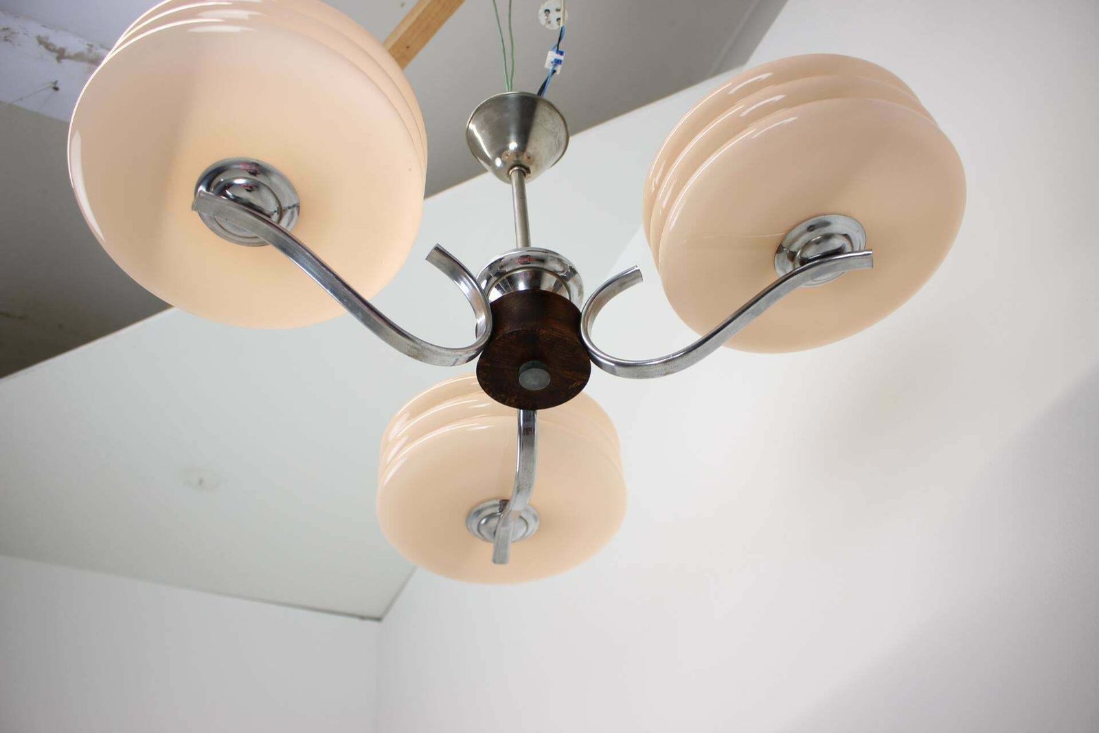 Art Deco Chrome And Pink Glass Chandelier, 1930's, Czechoslovakia photo Lighting