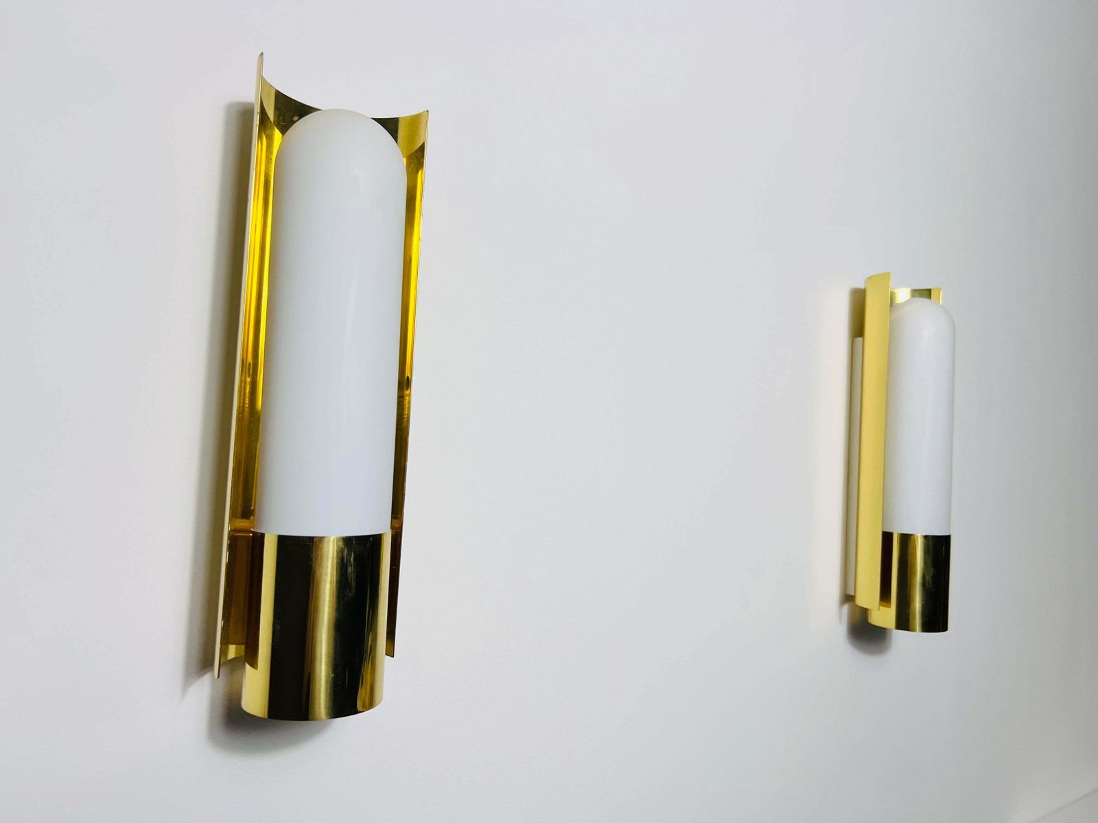 Pair Of Brass And Opaline Glass Wall Lamps By Glashütte Limburg, 1960s photo vinterior
