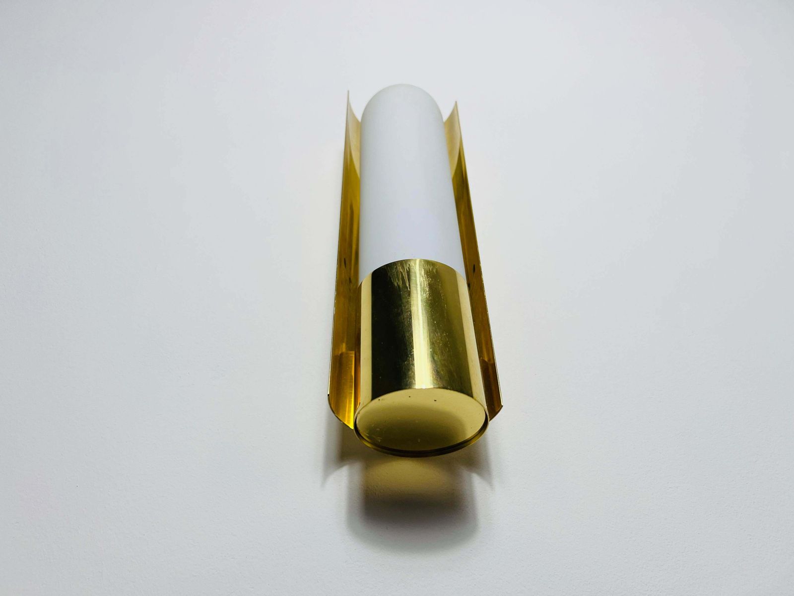 Lighting Pair Of Brass And Opaline Glass Wall Lamps By Glashütte Limburg, 1960s photo