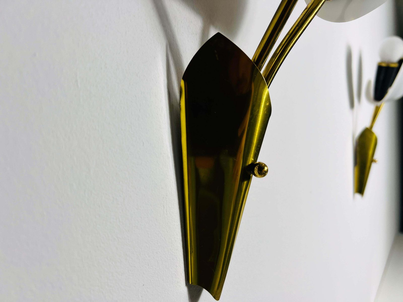 photo for sale Pair Of Mid Century Brass And Plexi Glass Wall Lamps, Italy, 1960s