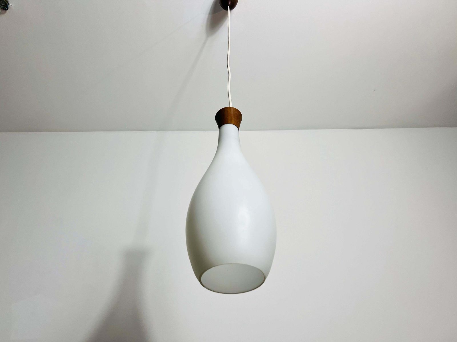 Teak And Opal Glass Pendant Lamp By Uno & östen Kristiansson For Luxus Sweden photo for sale