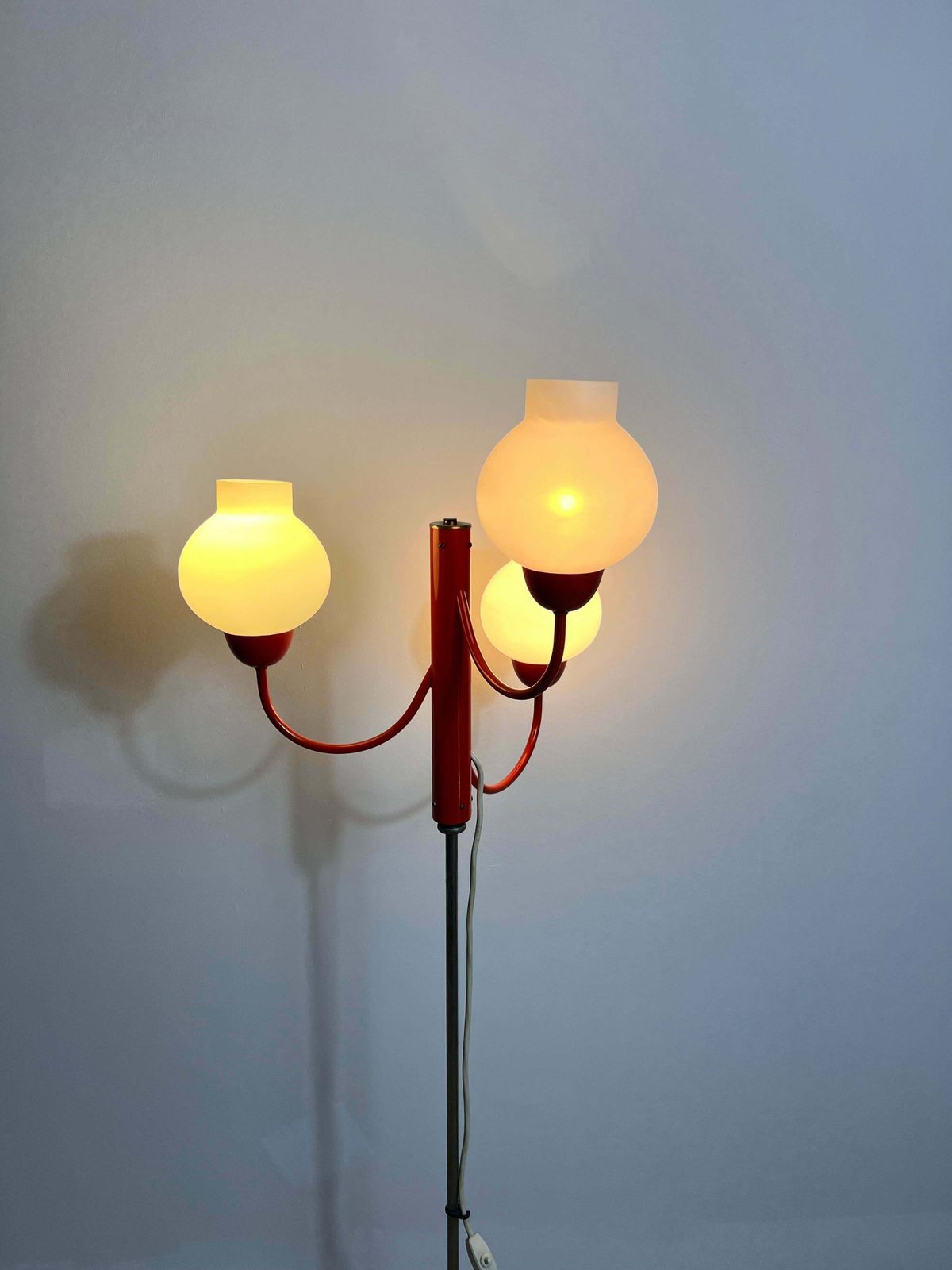 photo buy Midcentury Red And Opaline Glass 3 Arm Floor Lamp By Kaiser, Germany, 1960s