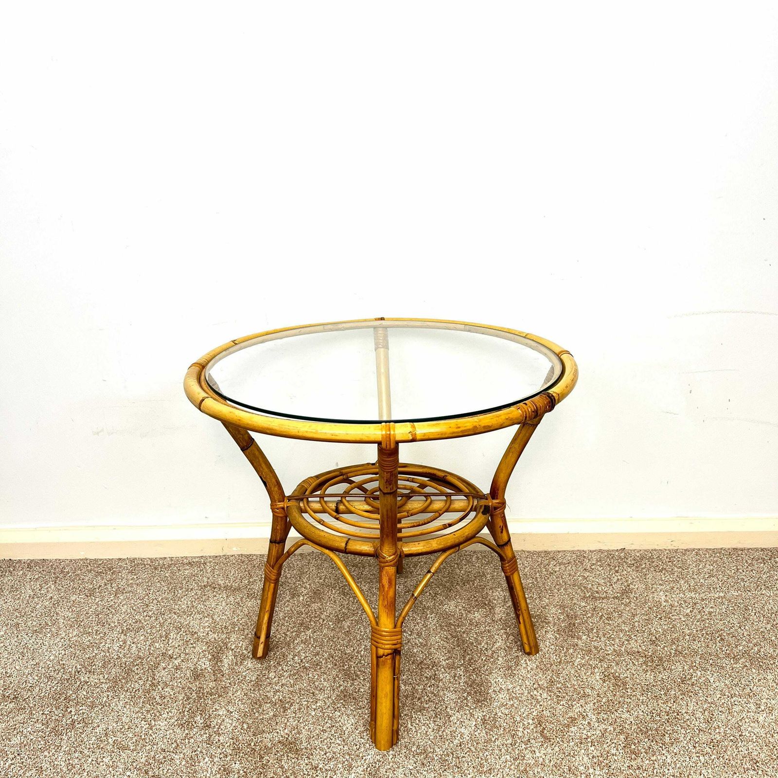 Tiki Boho Vintage Bamboo Round Coffee Table With Rack 1970s photo for sale