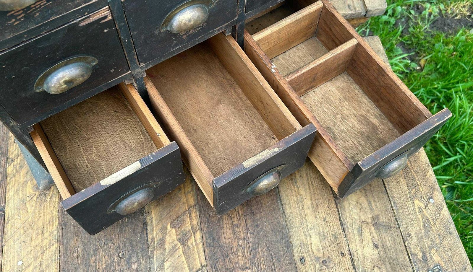 Bank Of 15 Drawer Antique Wooden Cabinet Farmhouse Industrial Vintage Haberdashery Storage Drawer Kitchen Coffee Table Side Cupboard Desk photo vinterior