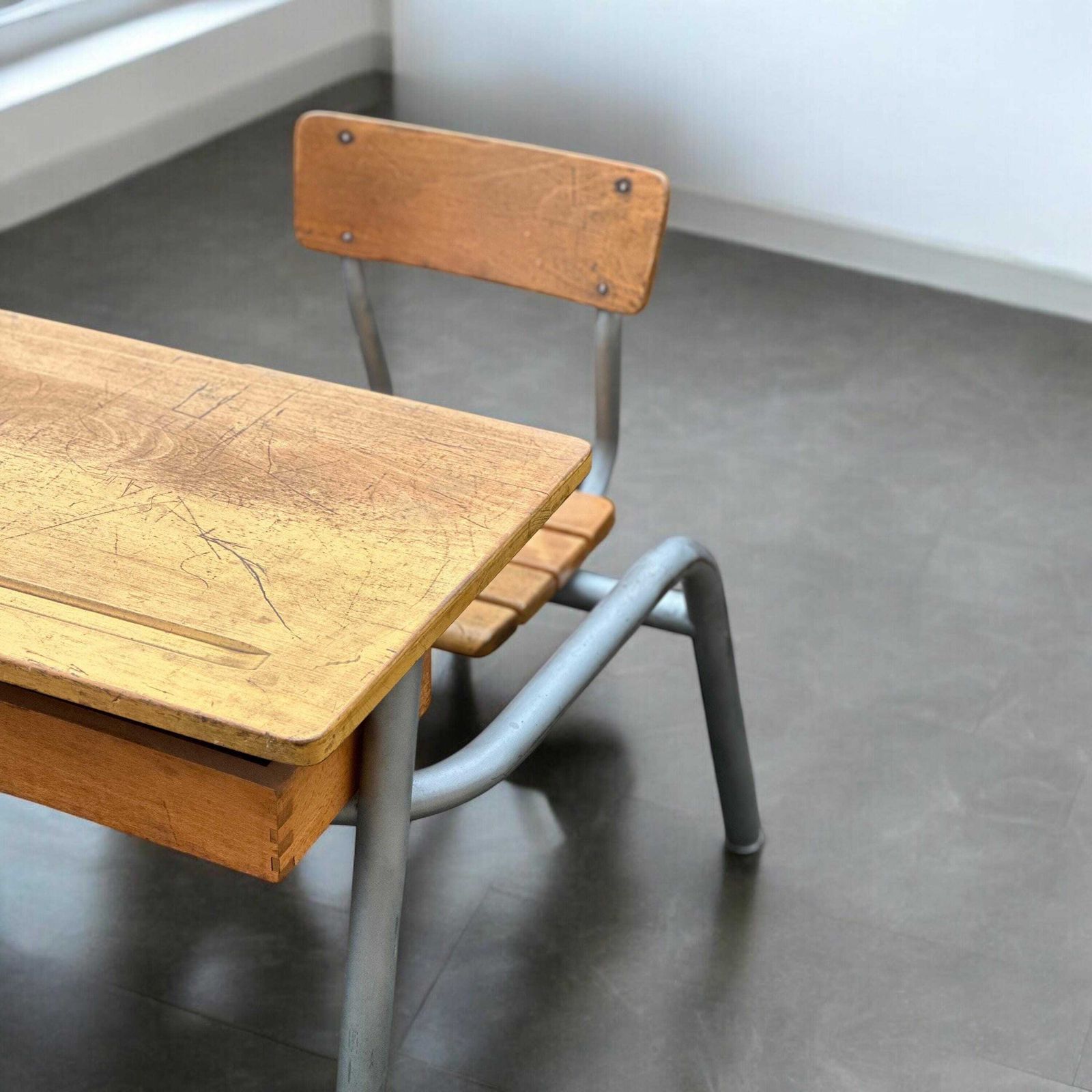 Vintage Mid Century Modern French School Desk Industrial French Rustic Modern Design photo furniture