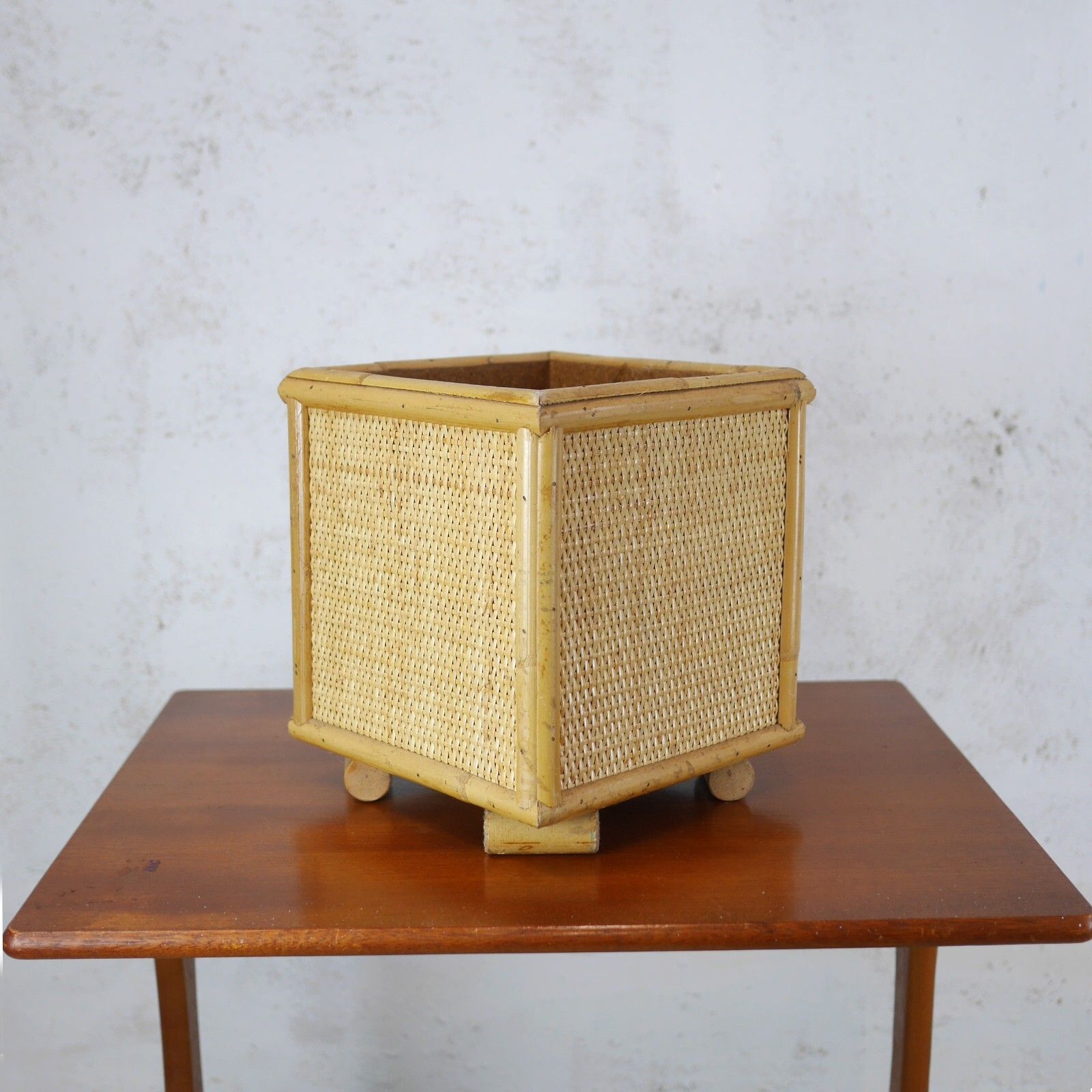 Large Vintage Mid Century Bamboo Cane & Rattan Planter Plant Pot #102714 photo vinterior