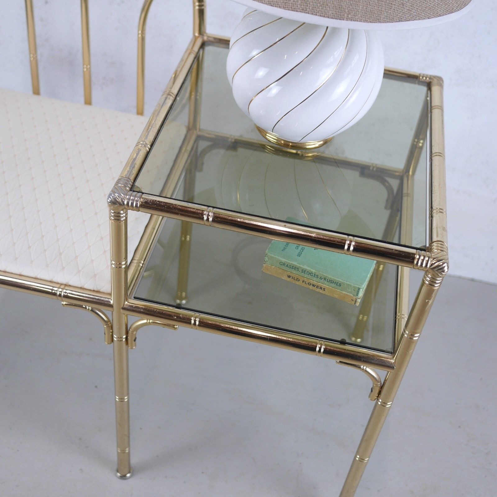 photo for sale Vintage Brass Faux Bamboo Telephone Seat Smoke Glass Hollywood Regency #102718