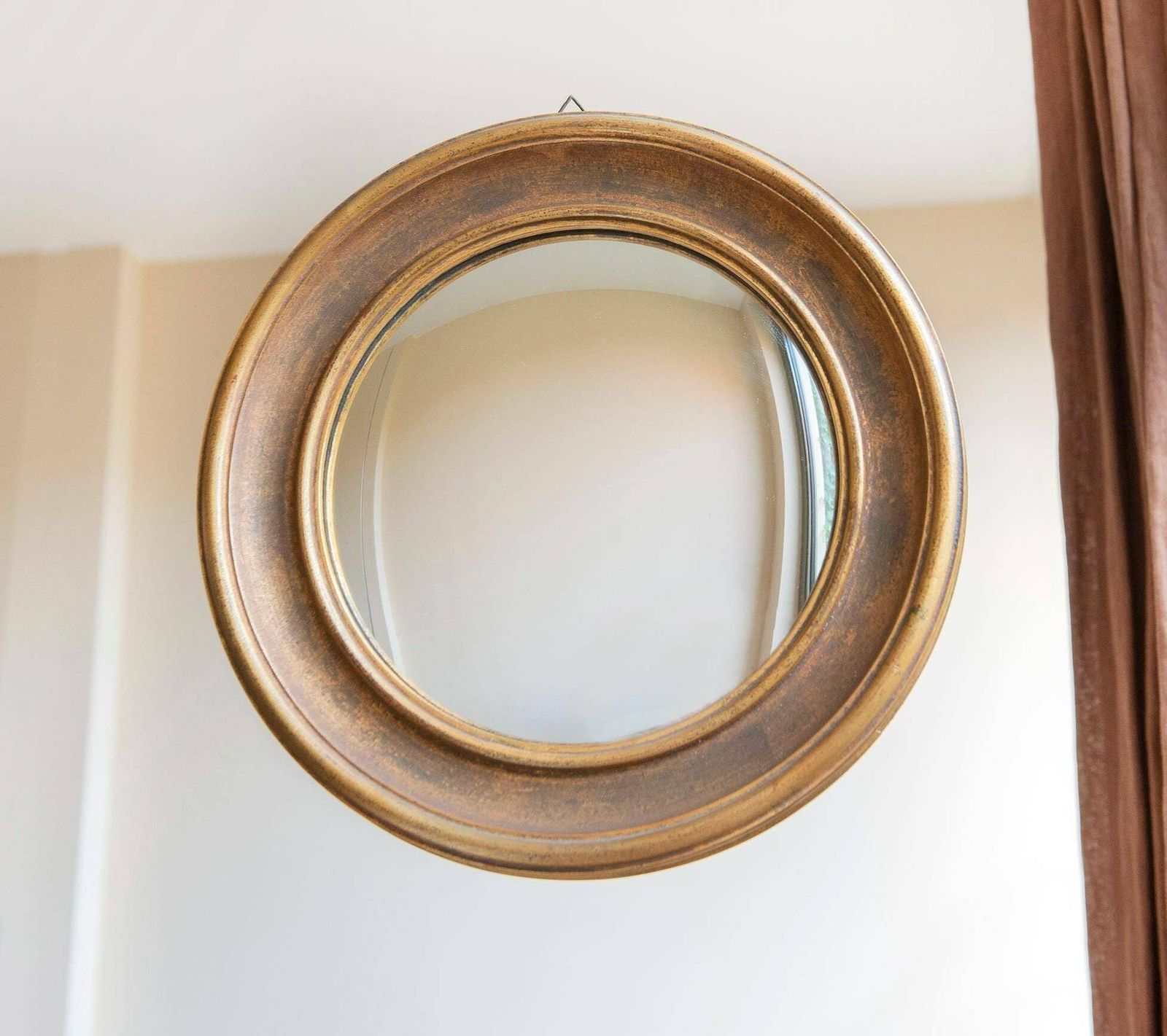 Round Gold Convex Wall Mirror, Mid Century Butler Mirror, 1950s Design, Belgian Wall Mirror, Giltwood, Old Bullseye Mirror