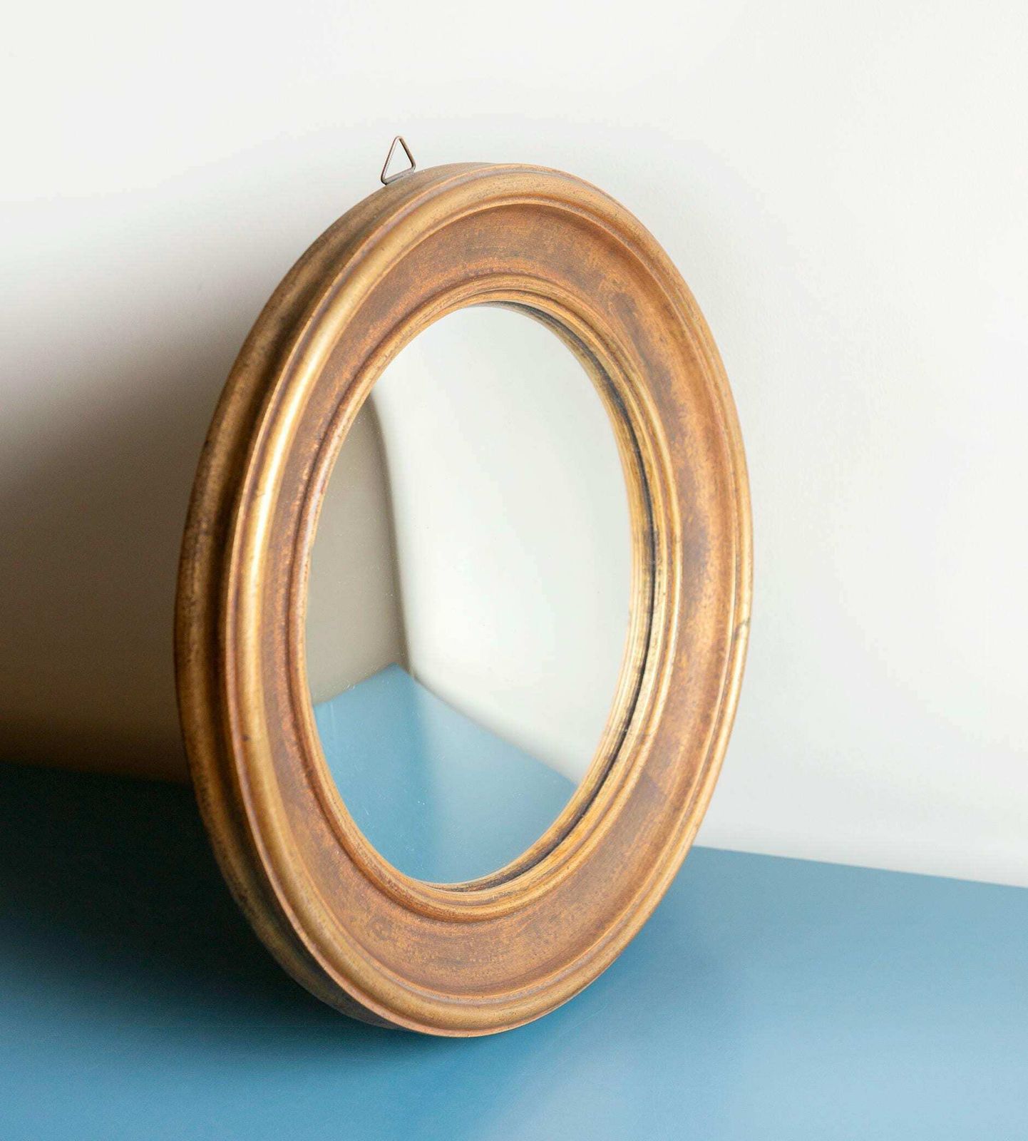 Round Gold Convex Wall Mirror, Mid Century Butler Mirror, 1950s Design, Belgian Wall Mirror, Giltwood, Old Bullseye Mirror photo for sale