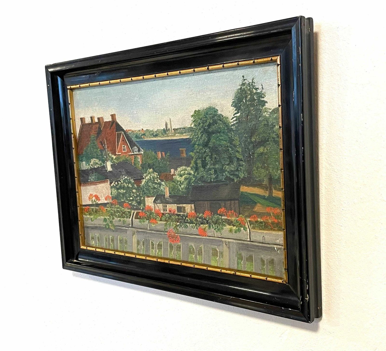 Antique Original European Oil Painting With Motive From Flower Covered Balcony With Ocean View photo buy
