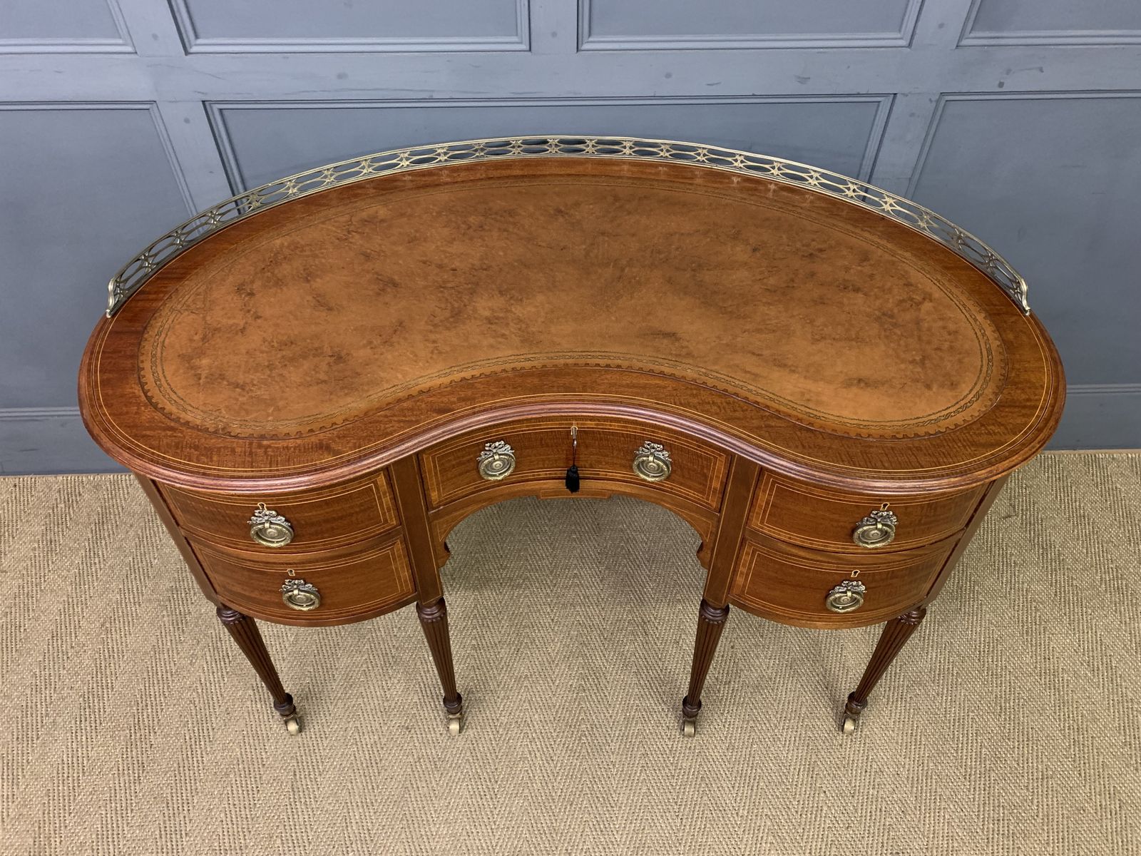 Furniture Edwardian Inlaid Mahogany Kidney Desk photo