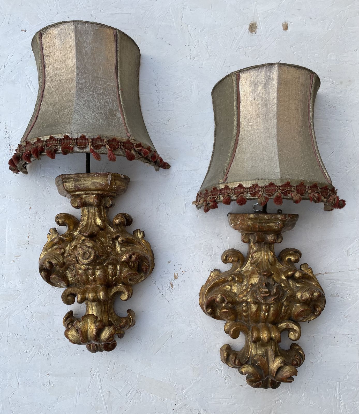 A Pair Of Italian Giltwood Wall Appliques 18th/19th Century 39cm High Excluding Shade 70cm High