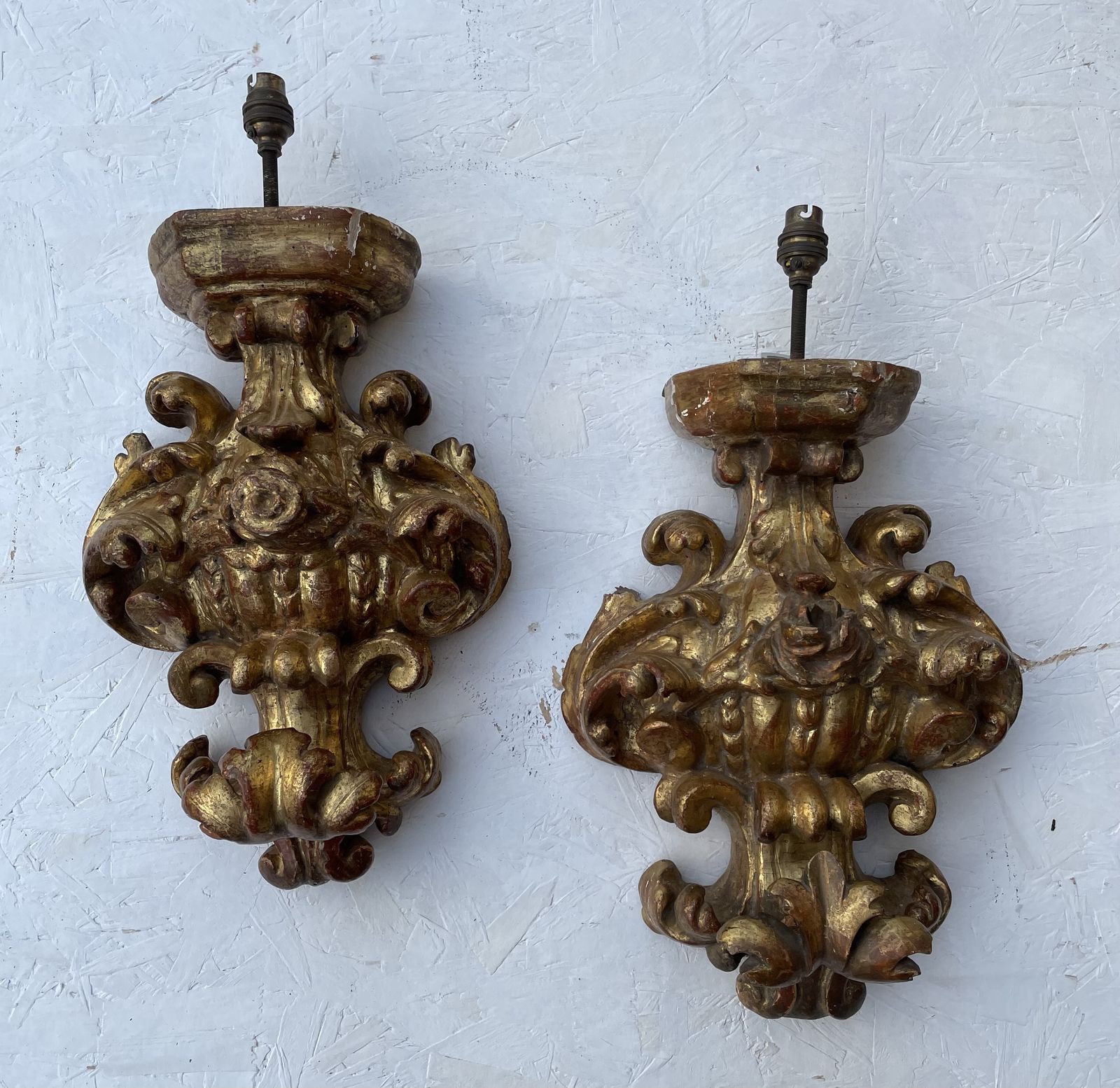 A Pair Of Italian Giltwood Wall Appliques 18th/19th Century 39cm High Excluding Shade 70cm High photo furniture
