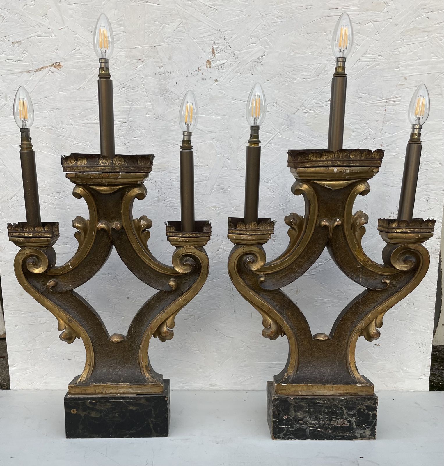 Pair Of Carved, Painted, And Giltwood Three Light Table Lamps Incorporating 19th Century And Later Elements photo furniture