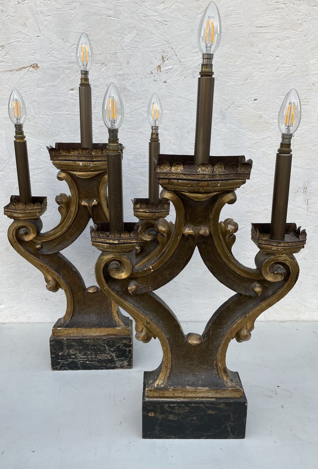 photo for sale Pair Of Carved, Painted, And Giltwood Three Light Table Lamps Incorporating 19th Century And Later Elements