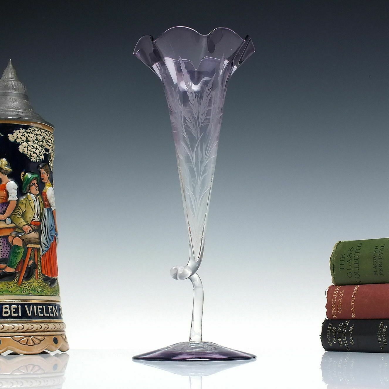 Art Nouveau Engraved Amethyst Glass Trumpet Stem Vase C1890