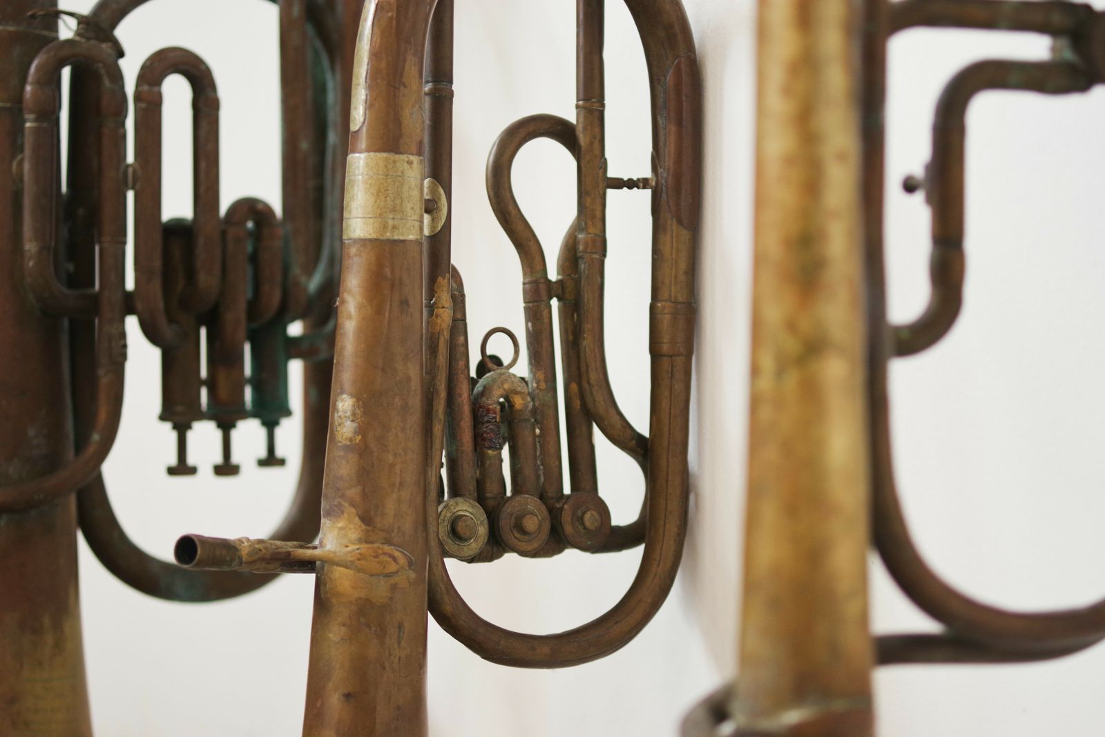 Set Of Three 1940s Copper Trumpets   Antique Musical Instrument Collection photo furniture