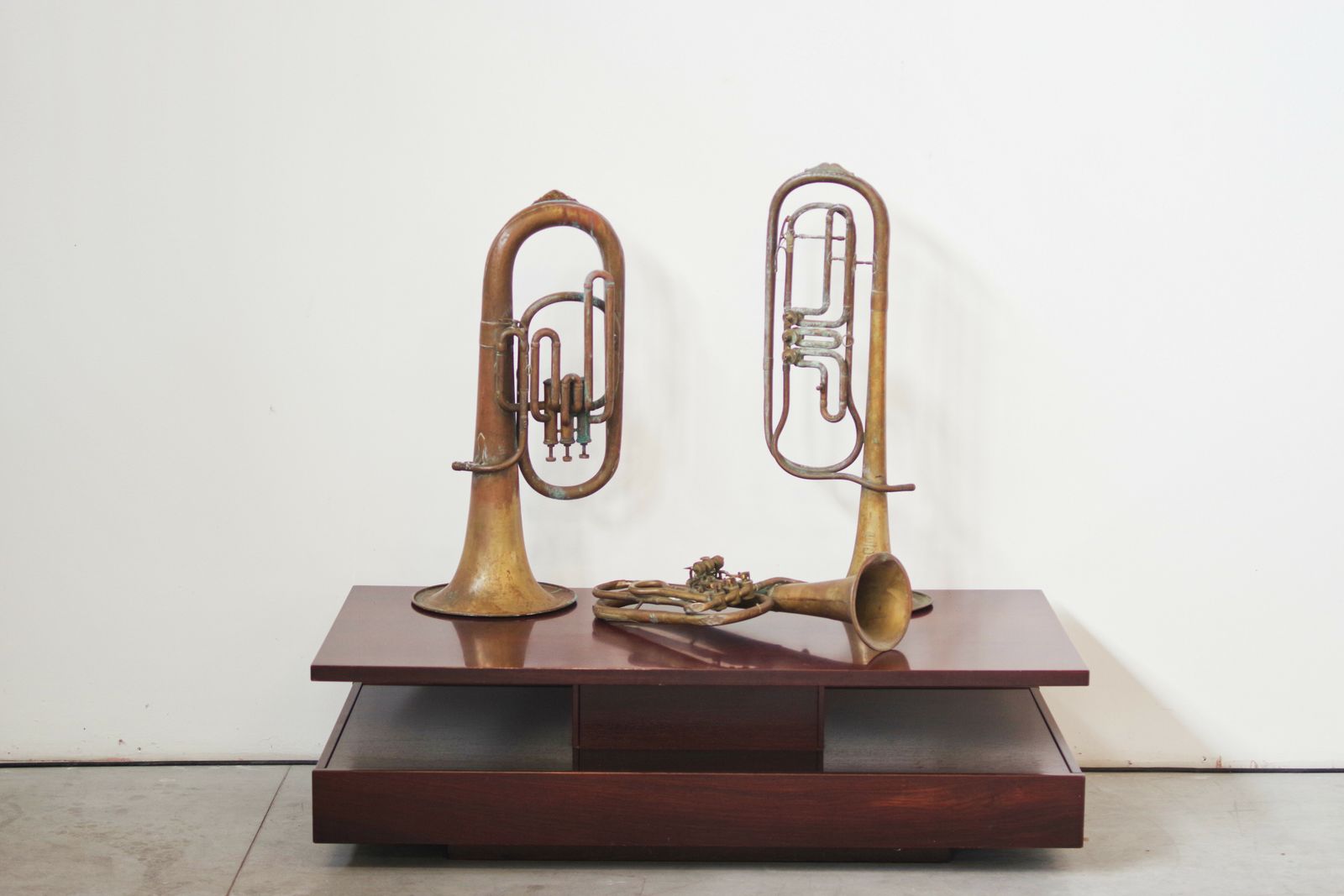 Set Of Three 1940s Copper Trumpets   Antique Musical Instrument Collection photo for sale