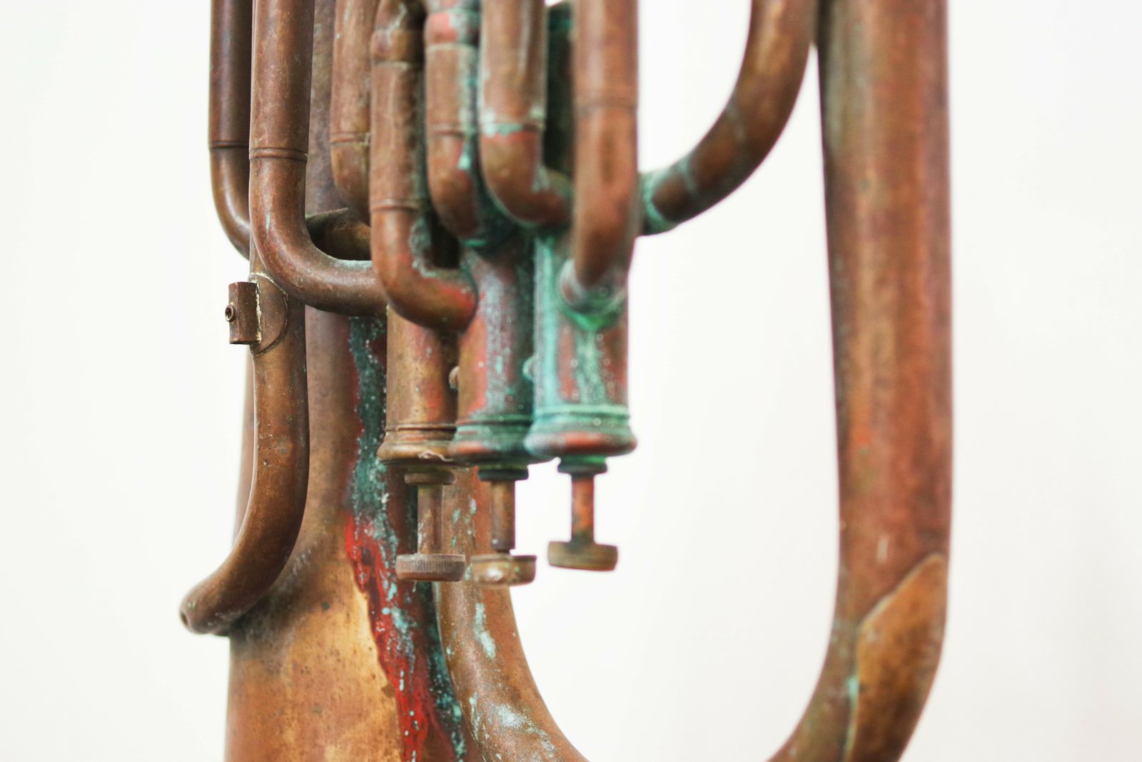 photo for sale Set Of Three 1940s Copper Trumpets   Antique Musical Instrument Collection