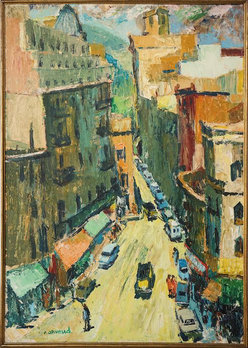 2 Levendige Modernistisch Expressionistische Straatscènes Met Mid Century Auto's photo for sale