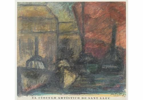 The Artistic Circle Of Sant Lluc' Expressive Harbour Scene Lithograph