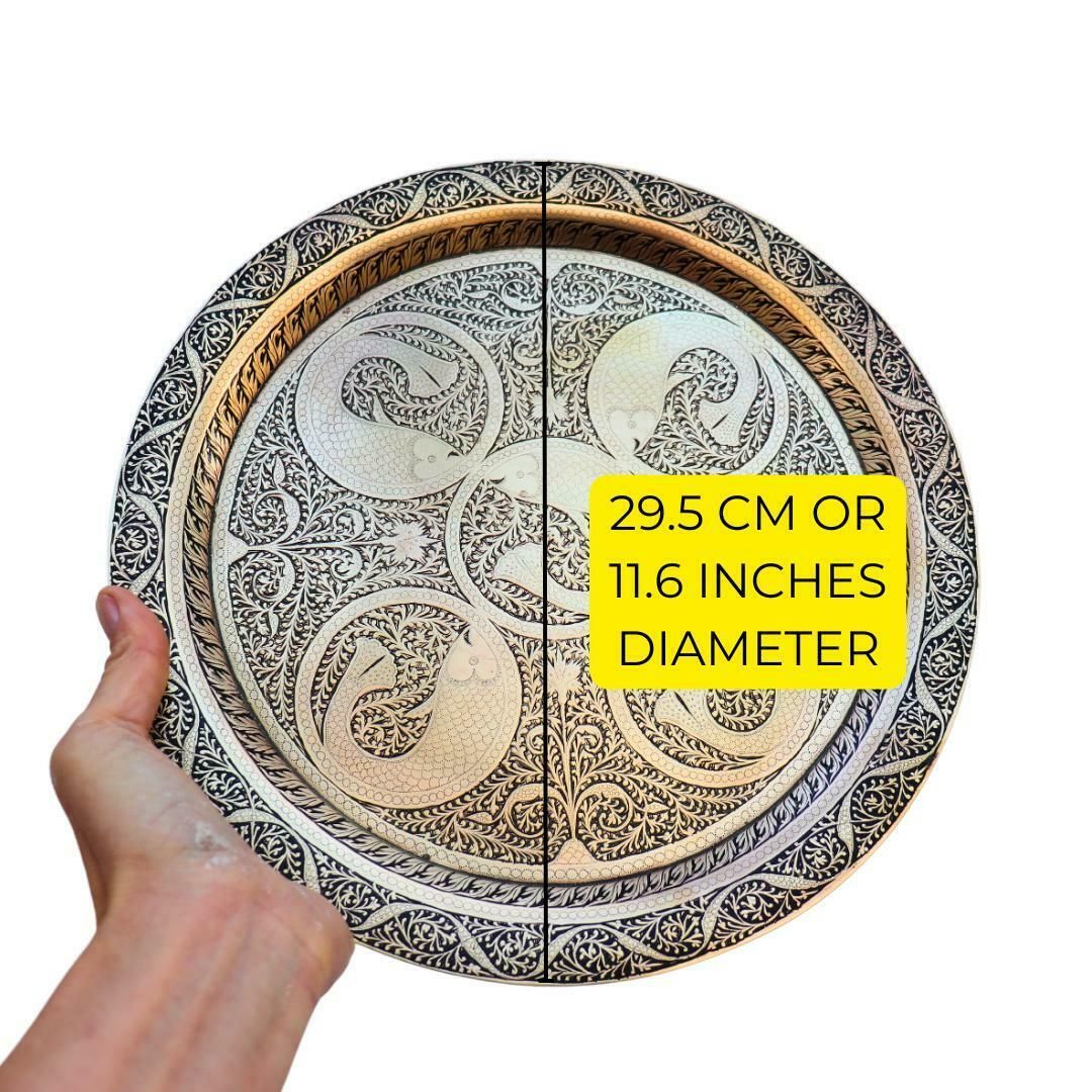 Mid Century Indian Brass Tray With Engraved Fish And Foliate Design 11.6 '', Nautical Brass Tray, Black Enamel And Brass Tray For 4 People. photo buy