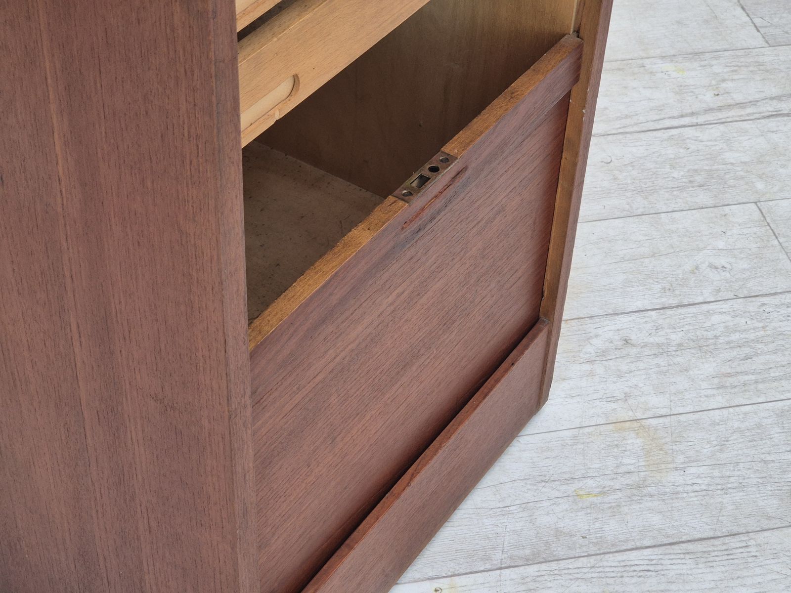 photo vinterior 1960s, Danish Office Cabinet, Original Condition, Teak Wood, Sliding Doors, Drawers Inside.