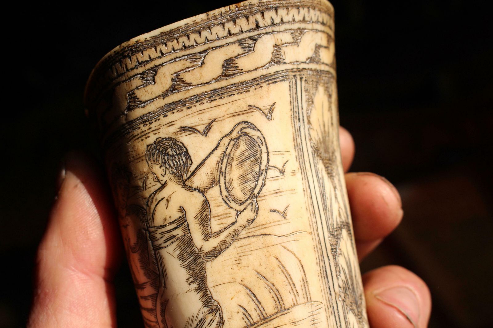 18th Century Ox Bone Carved Riding Hunting Cups Classical Figures Green Man photo buy