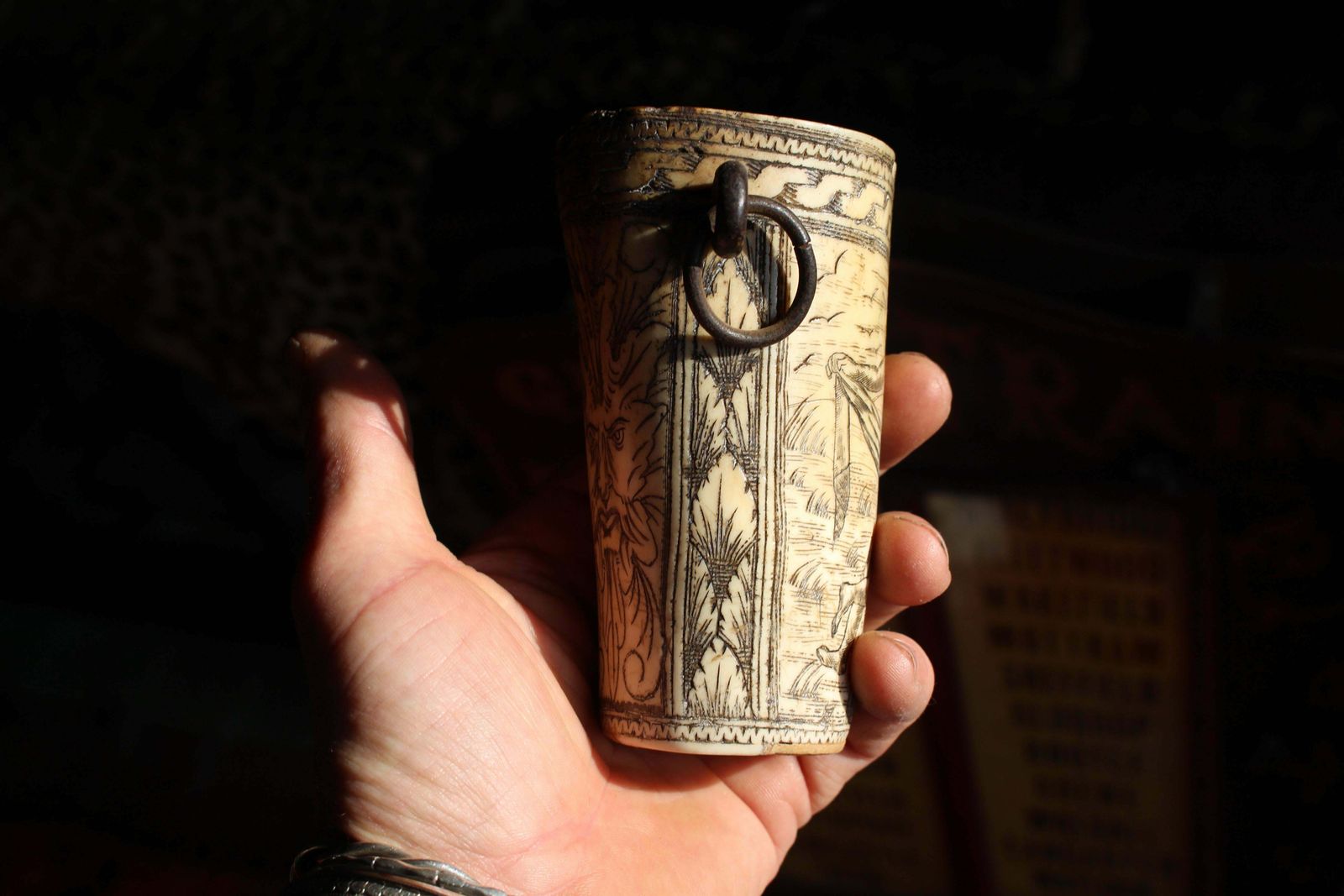 photo for sale 18th Century Ox Bone Carved Riding Hunting Cups Classical Figures Green Man