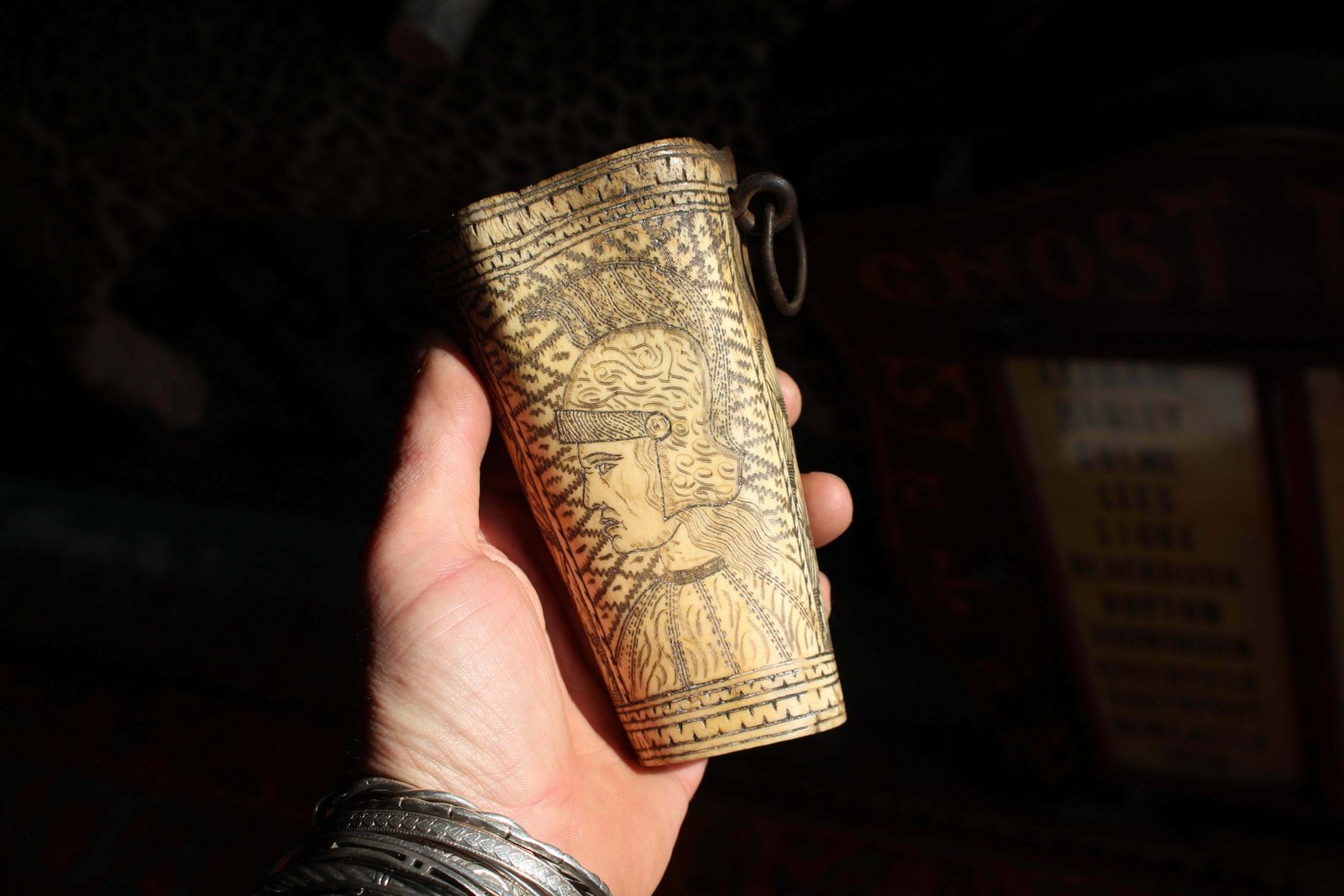 photo vinterior 18th Century Ox Bone Carved Riding Hunting Cups Classical Figures Green Man