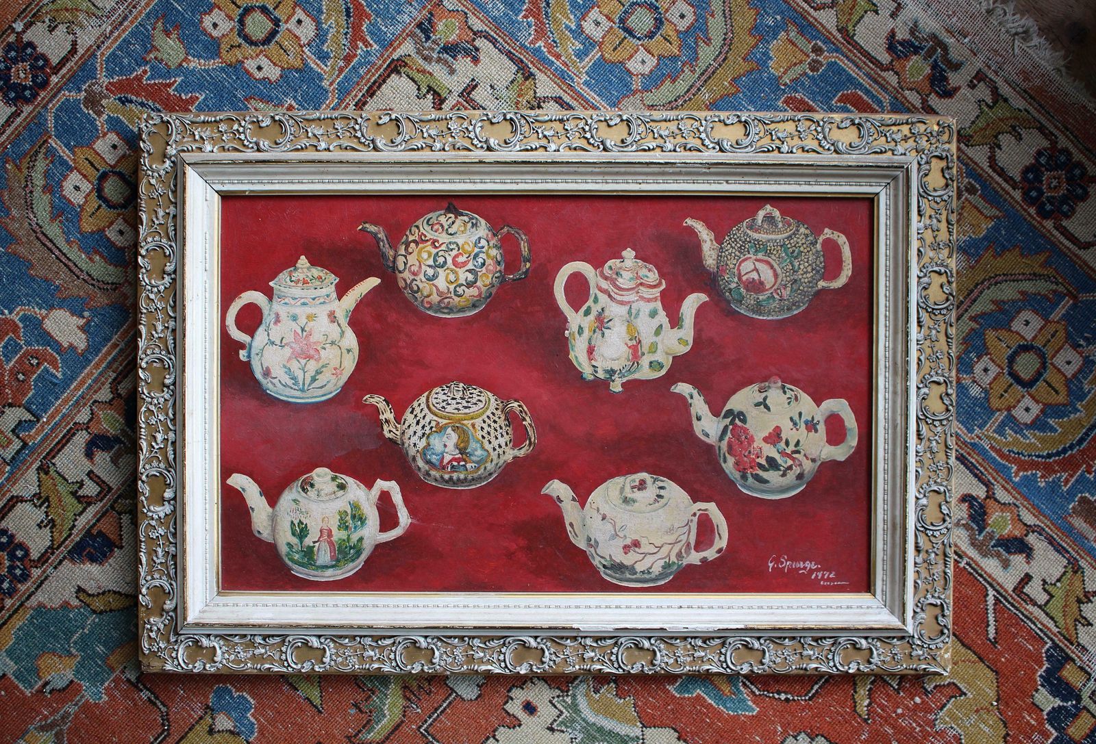 Mid 20th Century  English 1972 Oil On Board 18th Century Teapots Folk Art photo for sale