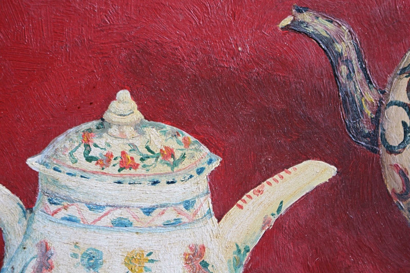 Art Mid 20th Century  English 1972 Oil On Board 18th Century Teapots Folk Art photo