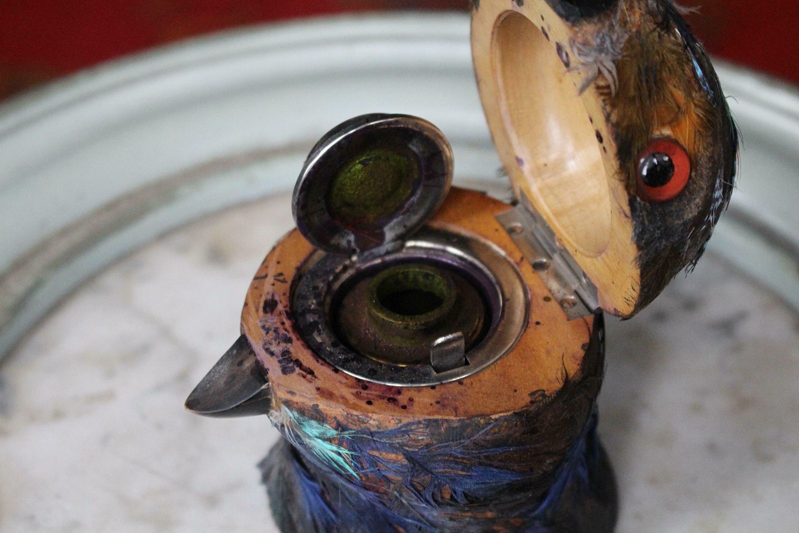 Early 20th Century Parrot Ink Well, Glass Eyes, Hand Dyed Feathers photo buy
