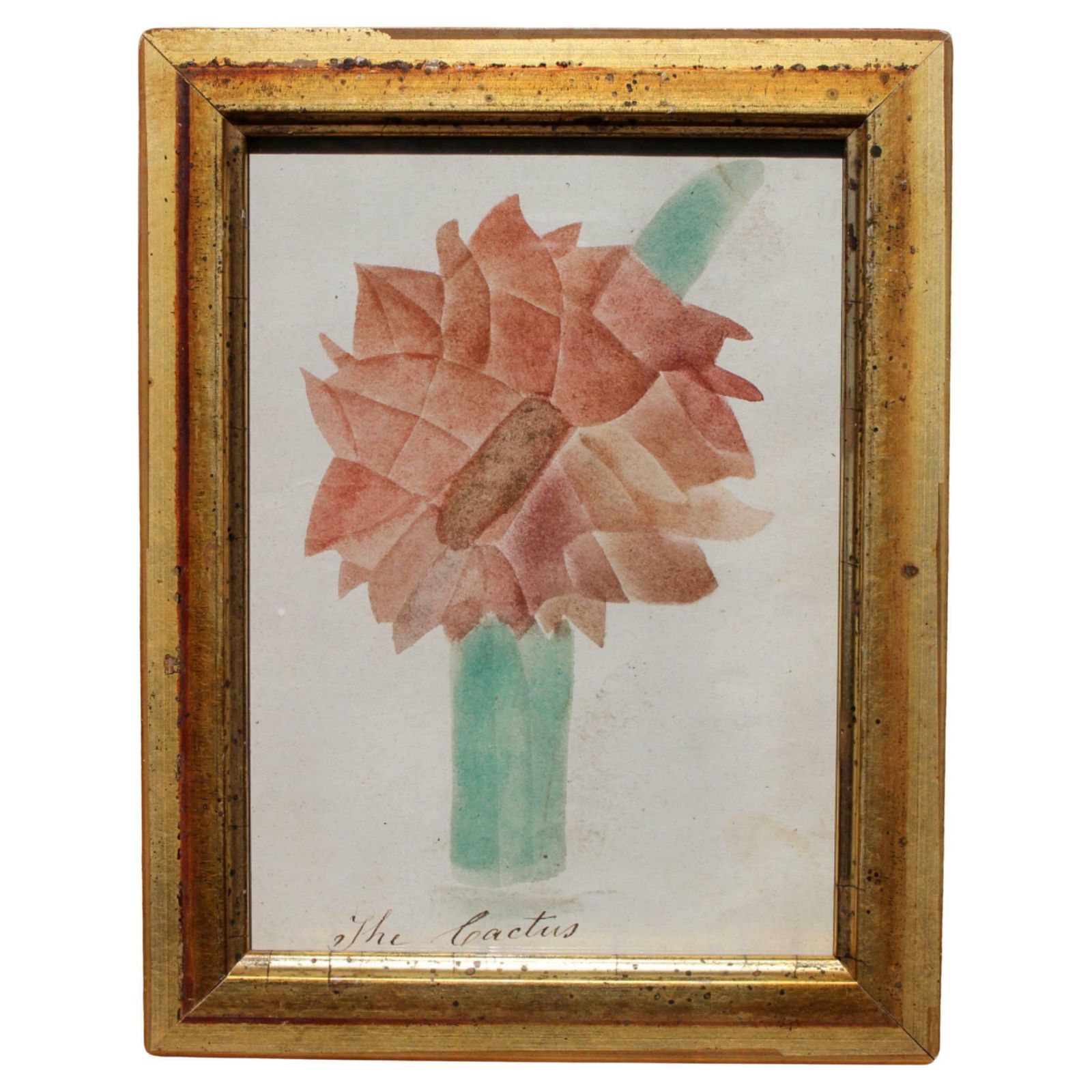 American School Circa 1840 Theorem Painting Of A Cactus Giltwood Frame Folk Art