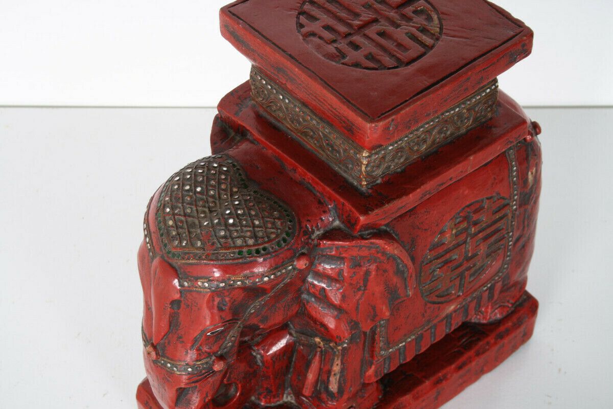 photo furniture Large Carved Wood Hand Painted Elephant Side Table | Plant Stand | Shelf Art