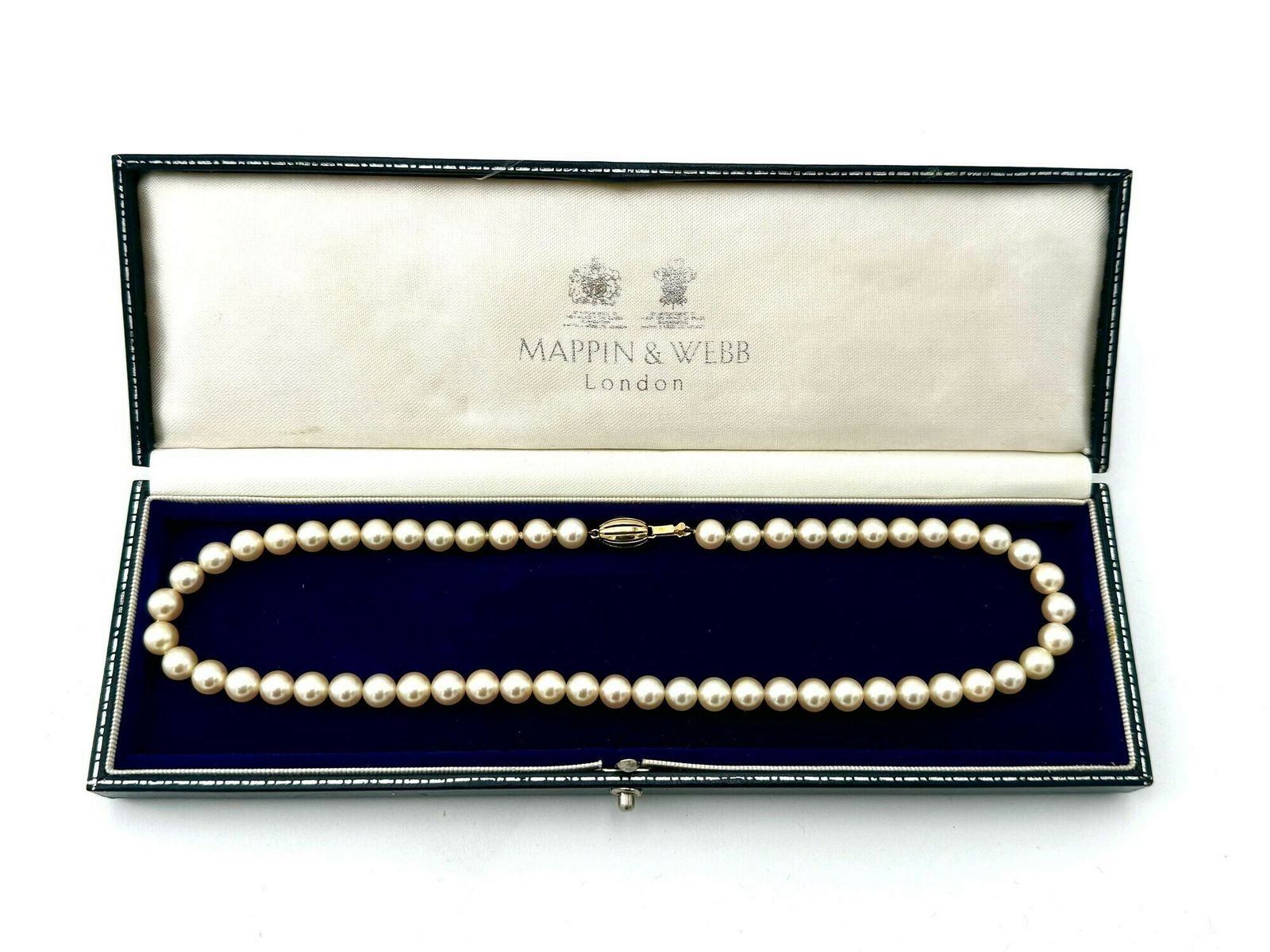 A Lovely Late 1980s Mappin And Webb Akoya Pearl Necklace With 18carat Gold Clasp In Orignal Box