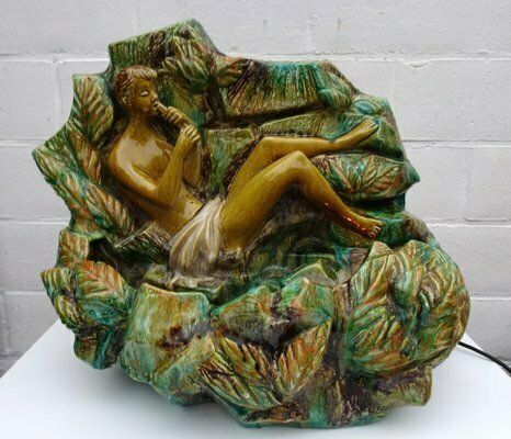 Large Italian Or French Majolica Ceramic Wall Fountain With Lighting, 1920s 1940s