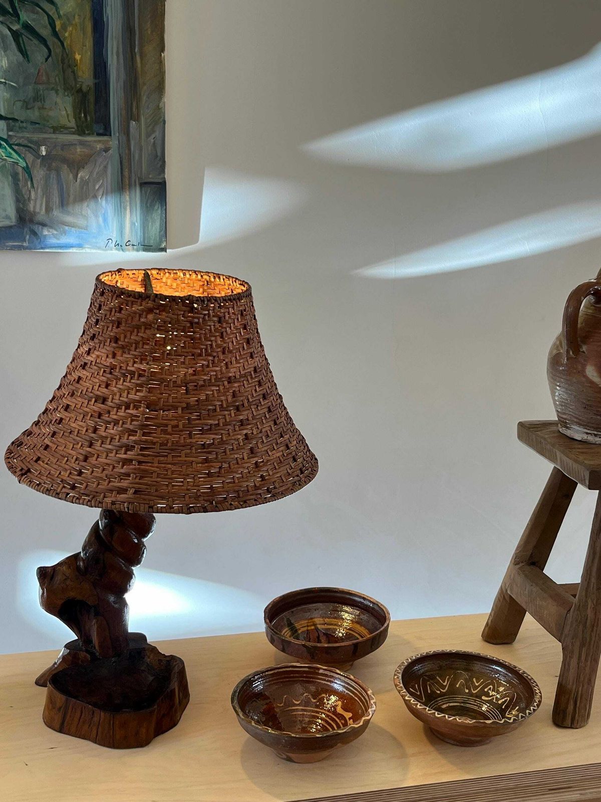 Vintage Brutalist Free Form Wooden Lamp With Rattan Shade photo for sale