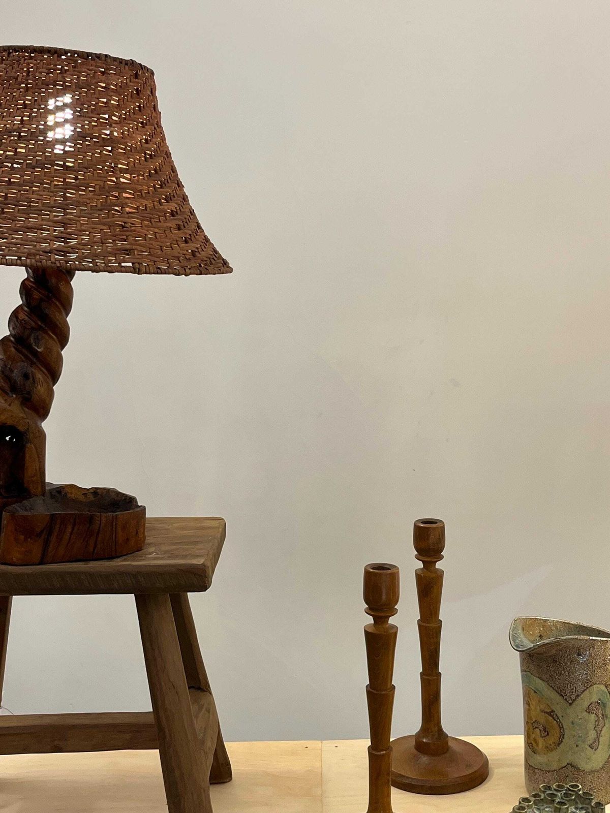 Vintage Brutalist Free Form Wooden Lamp With Rattan Shade photo 300.0