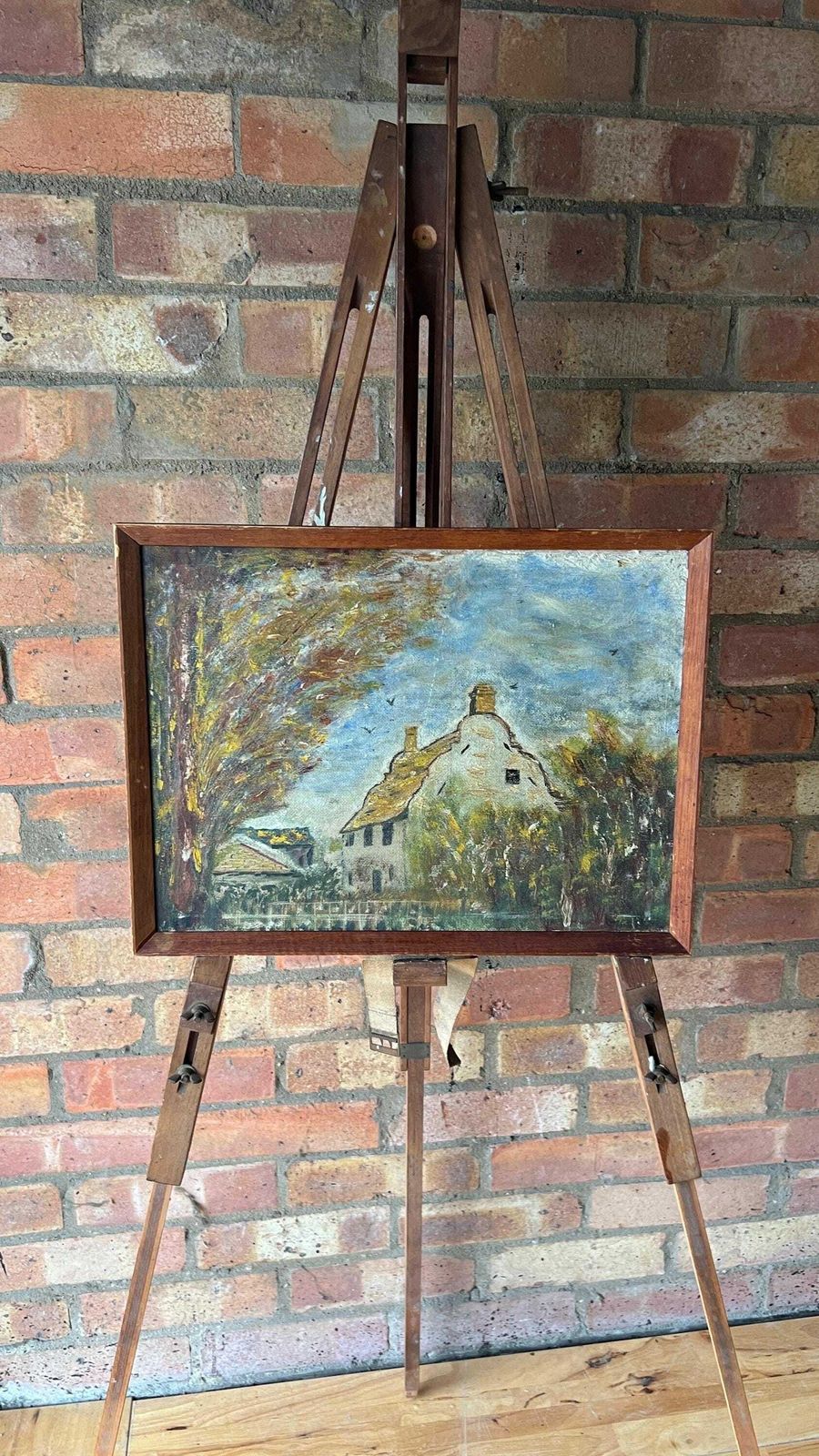 1966 Mid Century Original Signed And Framed Vintage Oil Painting Depicting Cottage photo furniture