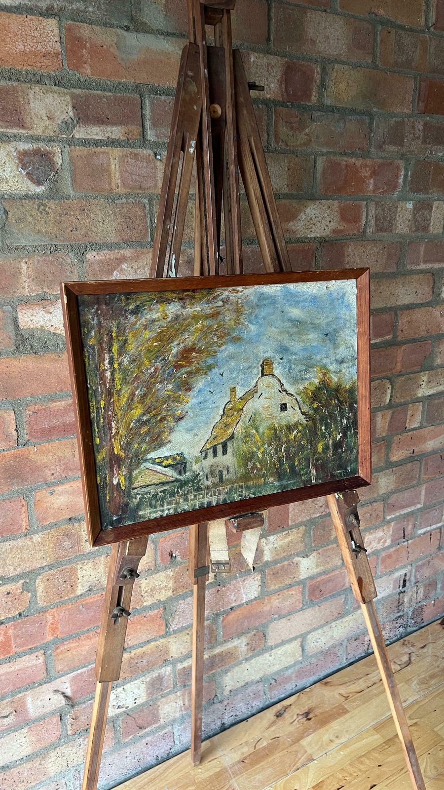 photo furniture 1966 Mid Century Original Signed And Framed Vintage Oil Painting Depicting Cottage