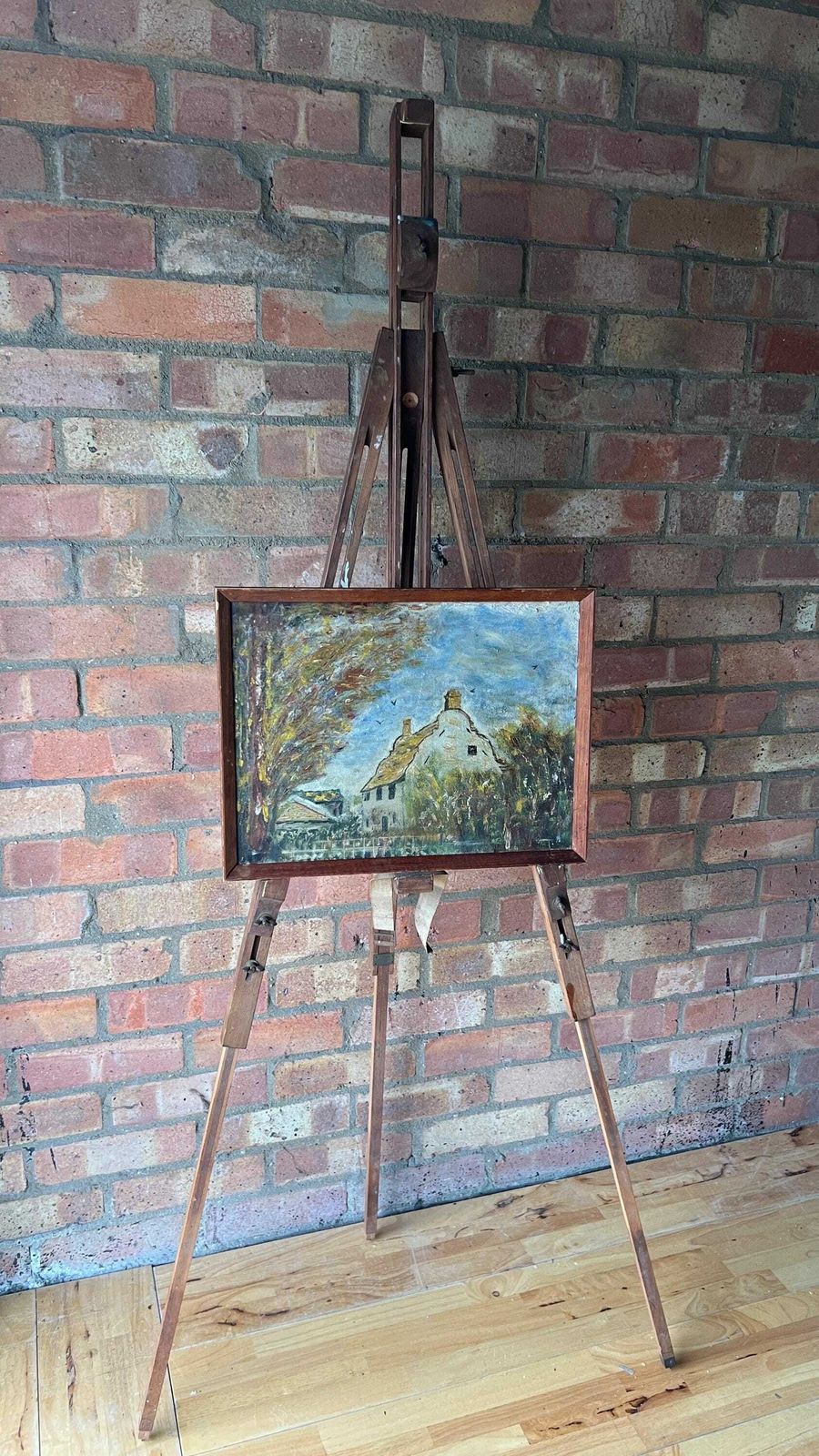 photo for sale 1966 Mid Century Original Signed And Framed Vintage Oil Painting Depicting Cottage