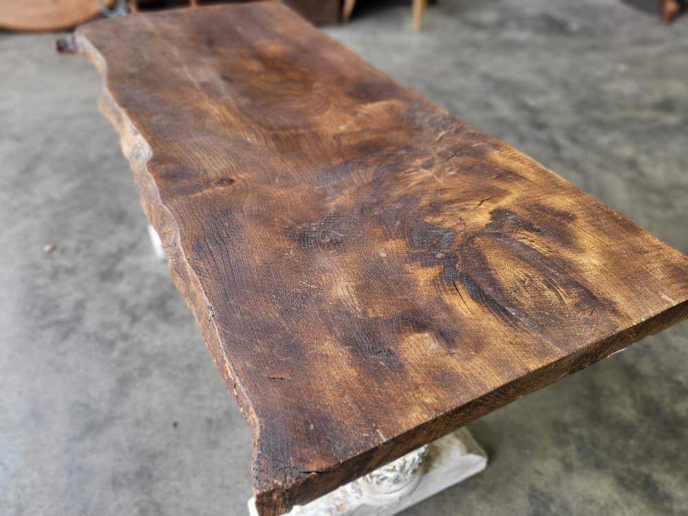 Antique Repro Natural Elm Bench Carved Painted Legs Seat photo vinterior