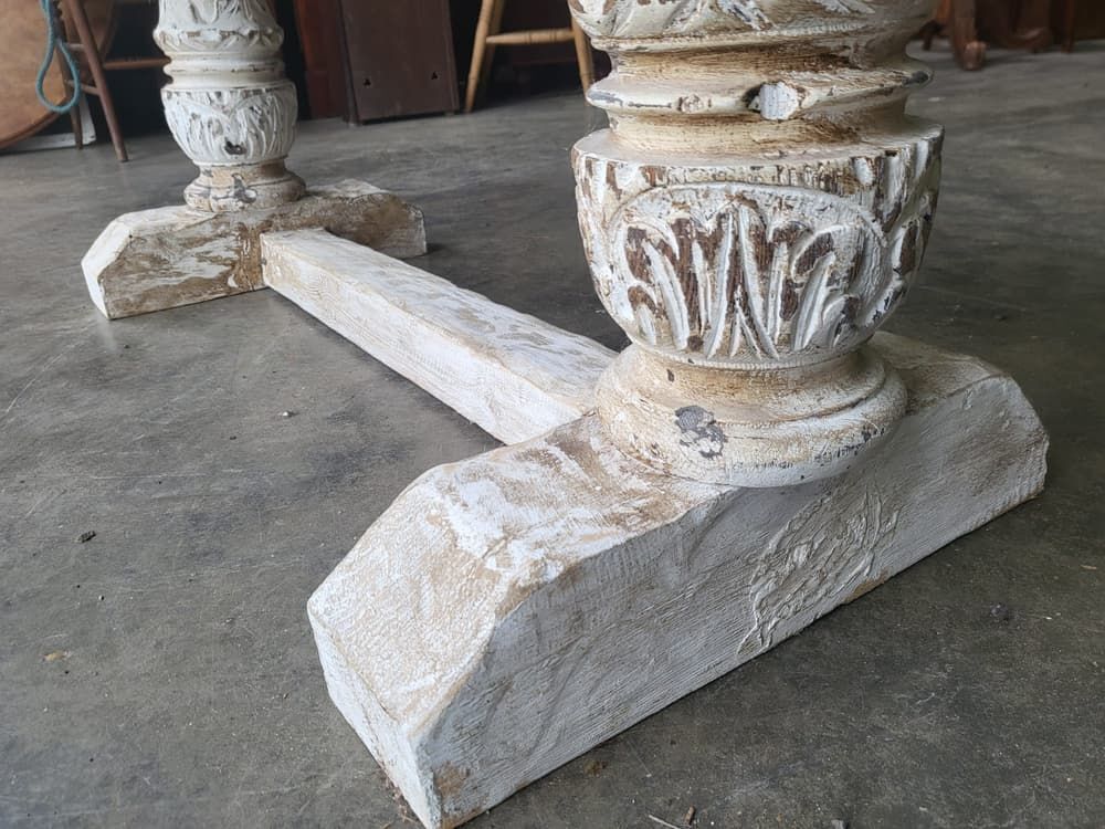 photo for sale Antique Repro Natural Elm Bench Carved Painted Legs Seat