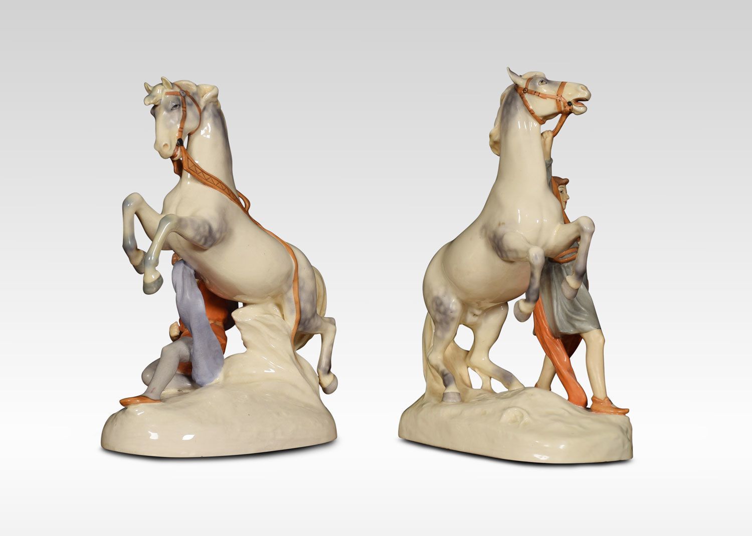 Pair Of Royal Dux Figure Groups Of Young Men With Horses photo furniture