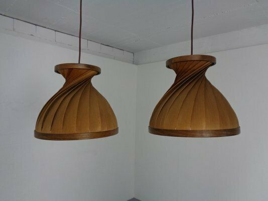Wooden Lamella Pendant Lamps By Linus Bopp For Limbach, 1960s, Set Of 2 photo vinterior
