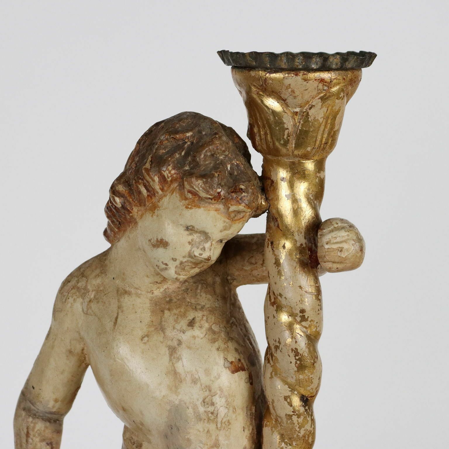 Antique Candle Holder Angel Wood Italy XVIII Century photo for sale